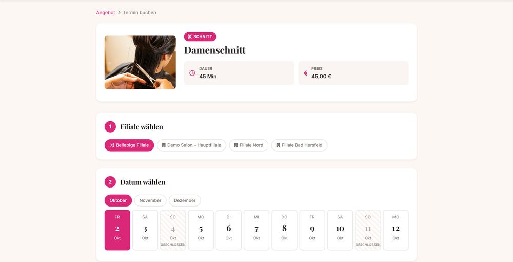 Buchungsseite aus Kundensicht: Leistung mit Dauer und Preis, Auswahl der Filiale und des Tages