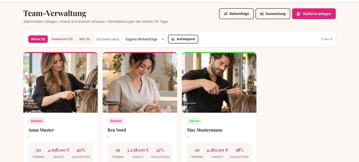 Team-Verwaltung: drei Mitarbeiterkarten mit Terminen, Umsatz und Auslastung der letzten 30 Tage